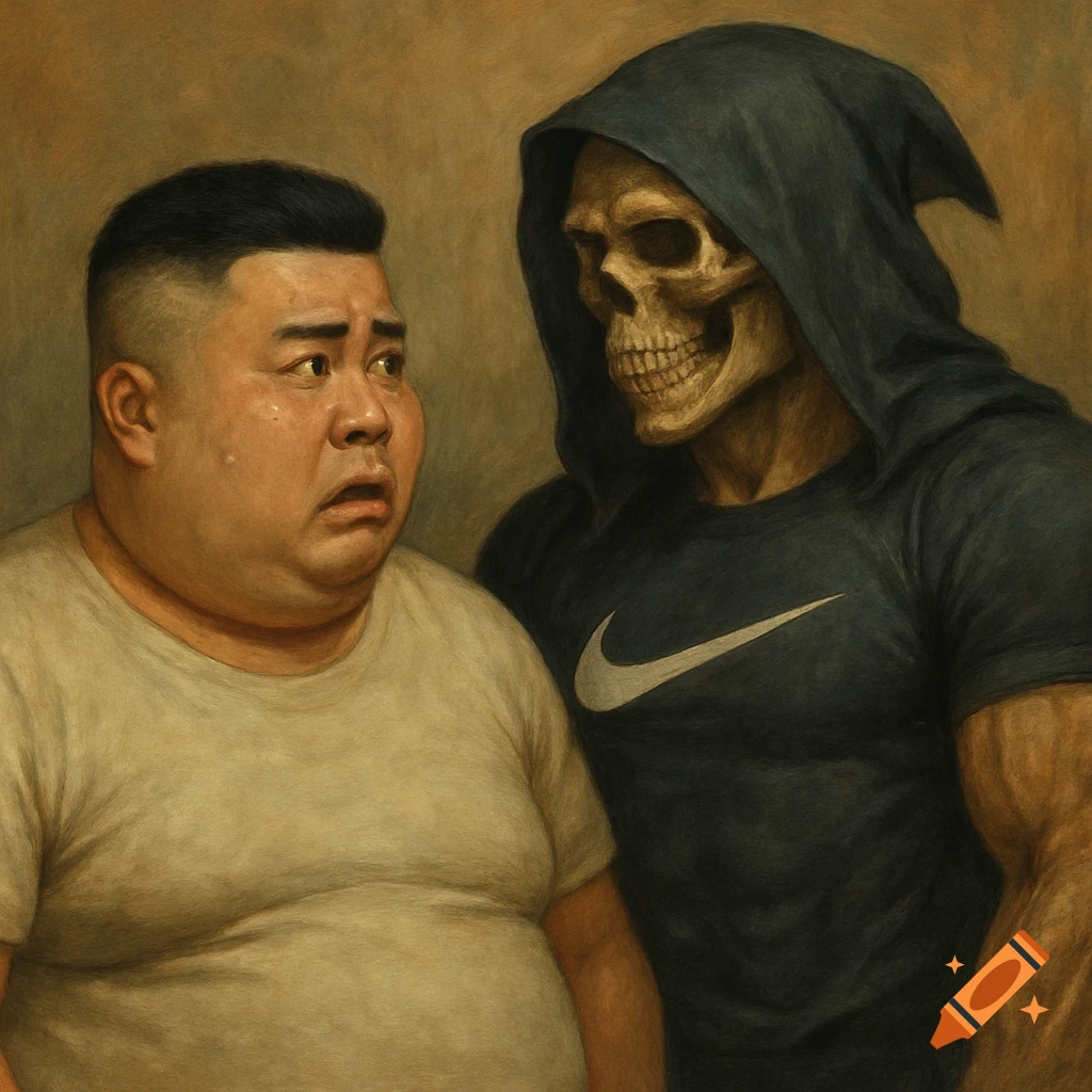 A man with a scared expression looks at a muscular grim reaper wearing a black Nike t-shirt, rendered in a painterly style.