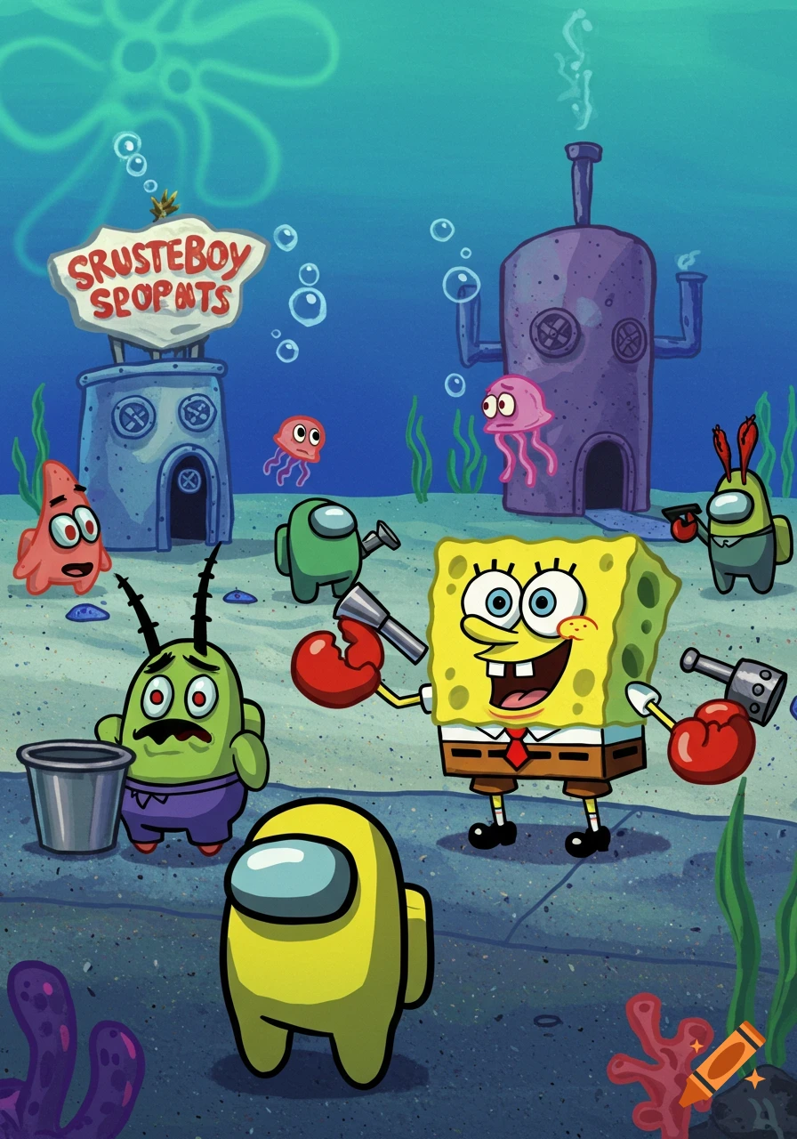 Cartoon crossover of Spongebob Squarepants and Among Us characters underwater with buildings.
