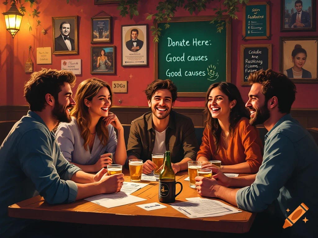 Group of young adults laughing and socializing at a pub quiz night, with drinks and quiz sheets on a wooden table.