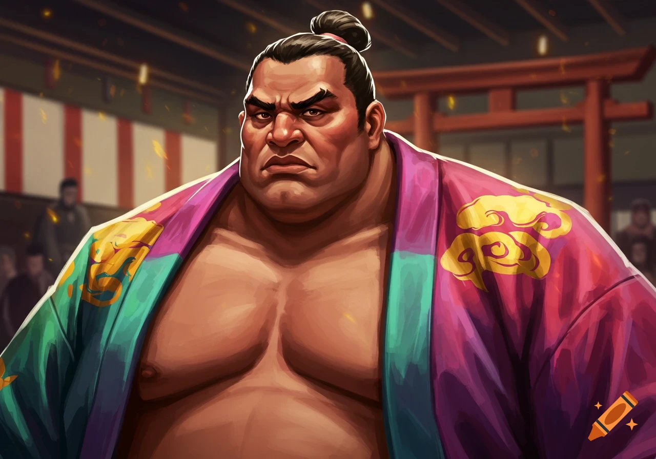 A close-up, stylized illustration of a stern-faced sumo wrestler wearing a colorful robe, standing in an arena.