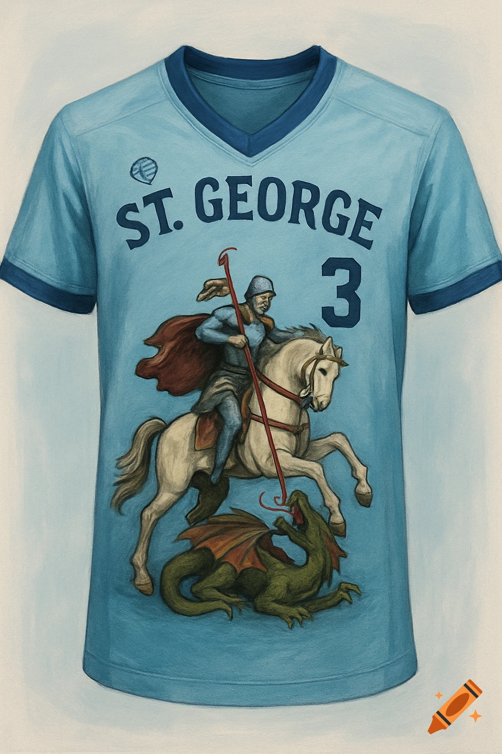 A light blue volleyball jersey with an illustration of Saint George on a horse slaying a dragon, with 'ST. GEORGE' and '3' printed on it.