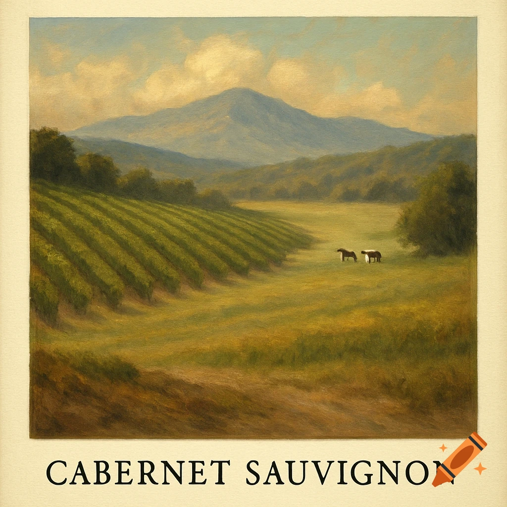 A painterly landscape of a vineyard with mountains in the background and two horses in a field, with 'CABERNET SAUVIGNON' text below.