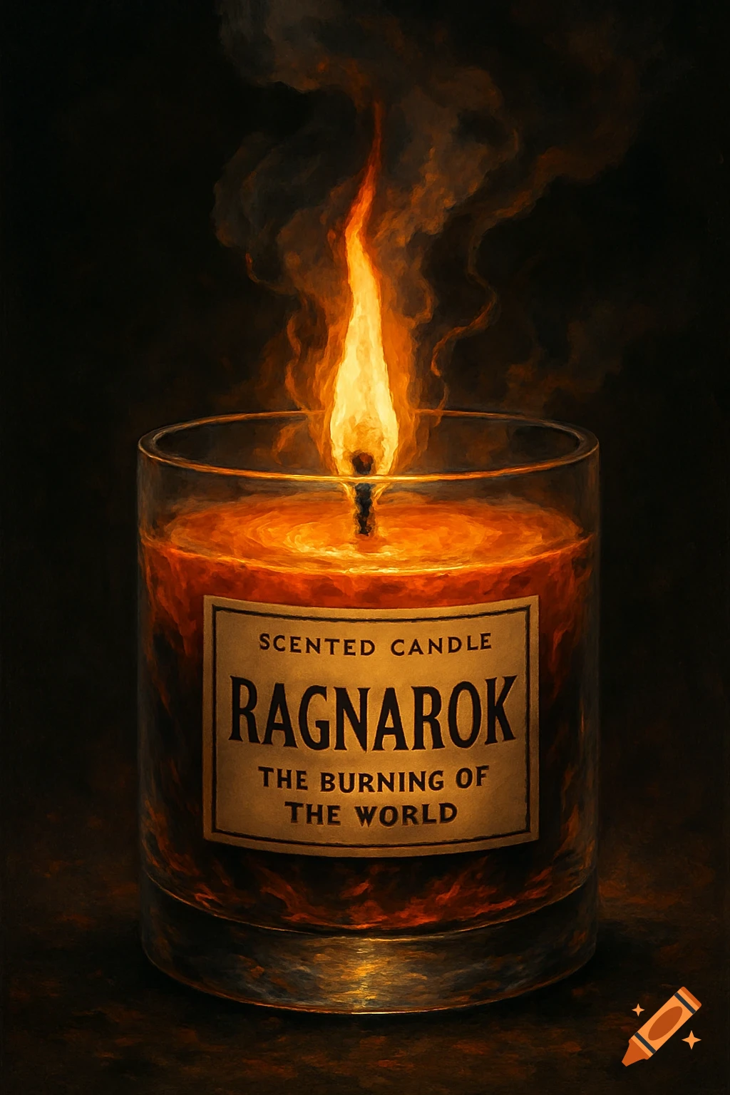 A dark, painterly image of a burning candle in a glass jar, labeled 'RAGNAROK THE BURNING OF THE WORLD'. Orange flame and smoke rise.