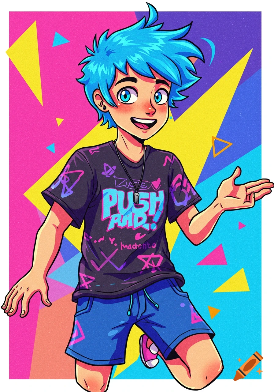 A vibrant cartoon of a smiling young man with blue spiky hair, wearing a black shirt that says 'PUSH RAD!' and blue shorts, against a colorful geometric background.