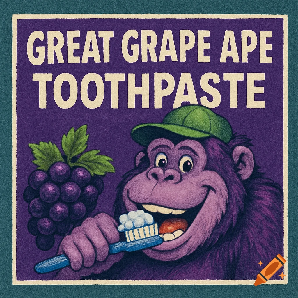 Cartoon illustration of a purple grape ape on a toothpaste label, holding a toothbrush and smiling next to a bunch of grapes.