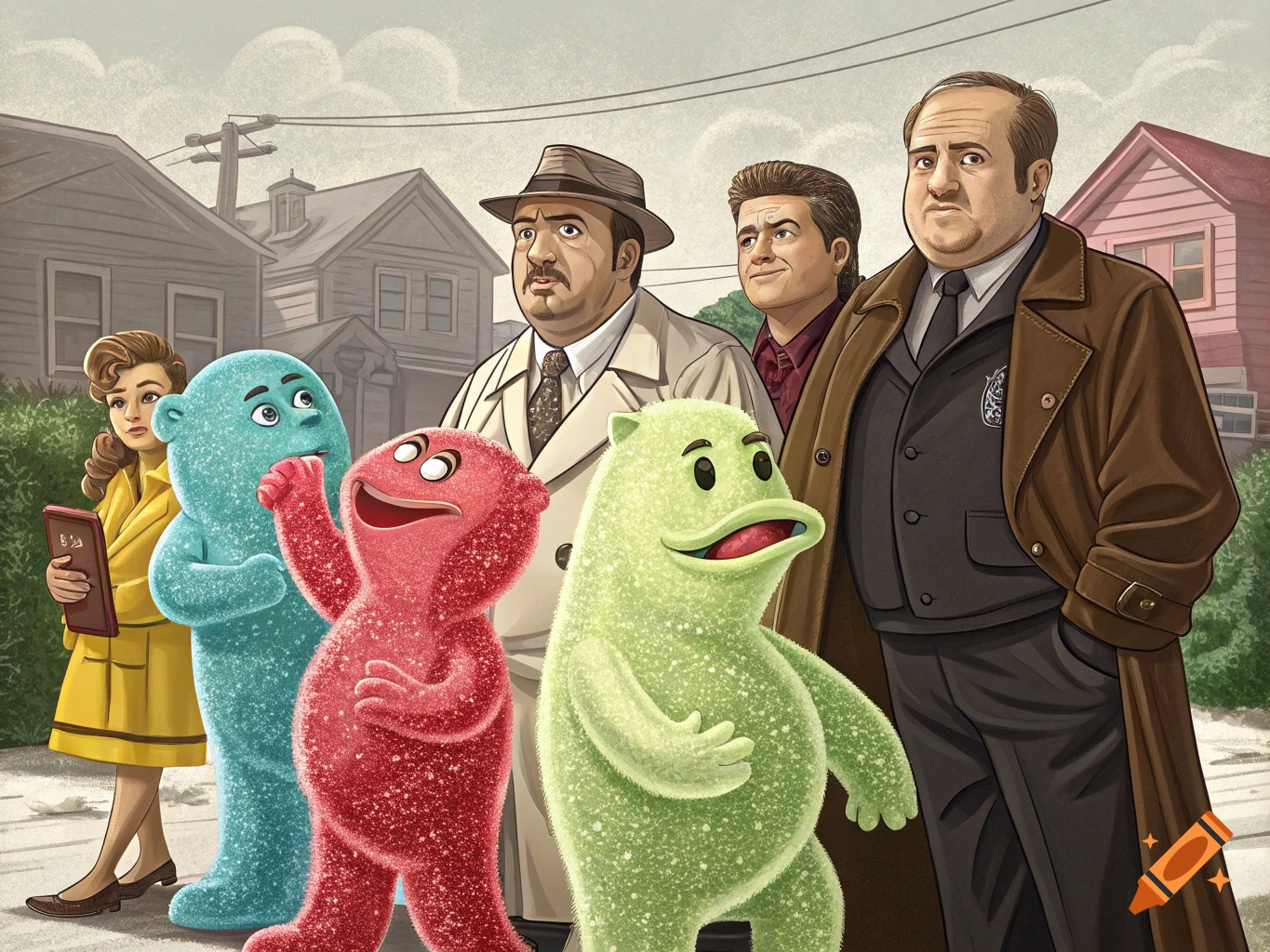 A cartoon illustration showing characters resembling The Sopranos cast standing with colorful Sour Patch Kids on a suburban street.