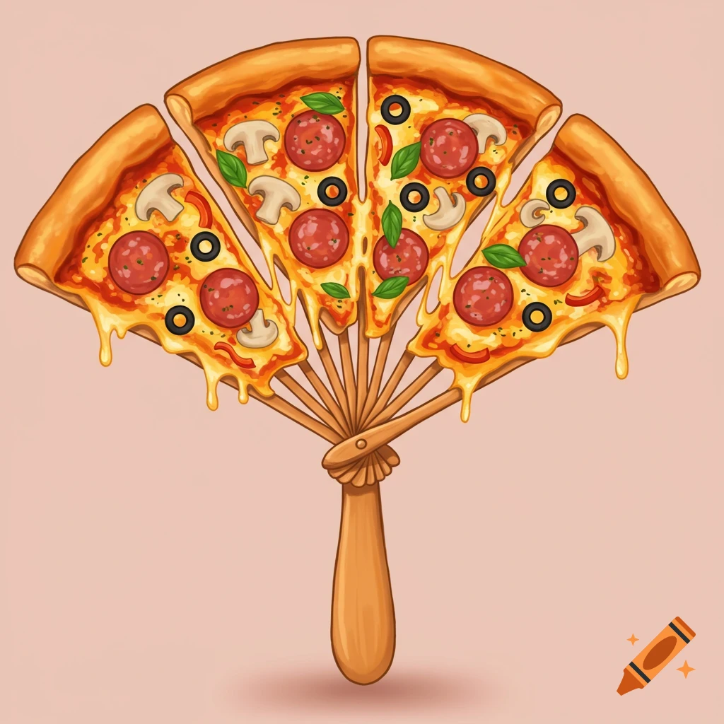 Cartoon illustration of four pizza slices arranged as a fan with a wooden handle, melting cheese visible.