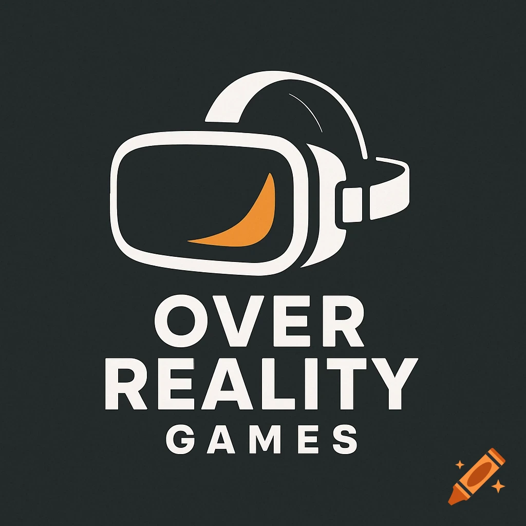 A white virtual reality headset logo with an orange accent on a dark background, with the words OVER REALITY GAMES below it.