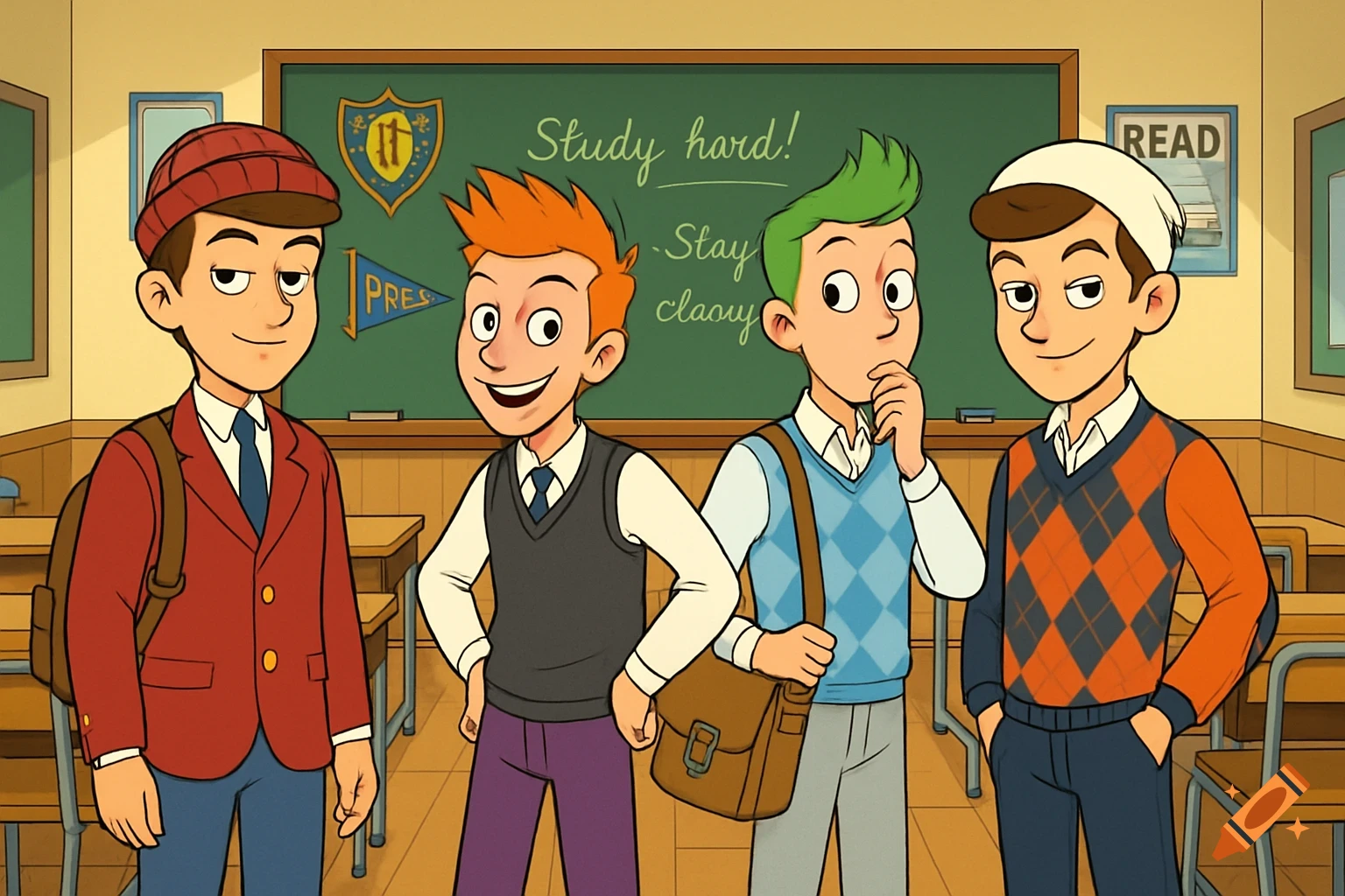 Four preppy teenage boys in an early 2000s cartoon style stand in a classroom with a chalkboard.