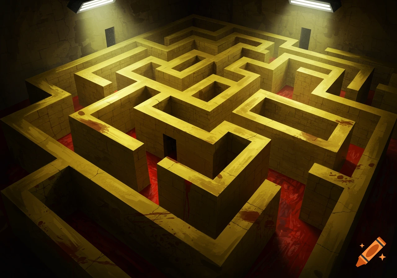 An overhead view of a yellow stone maze with blood-splattered red floor under bright ceiling lights.