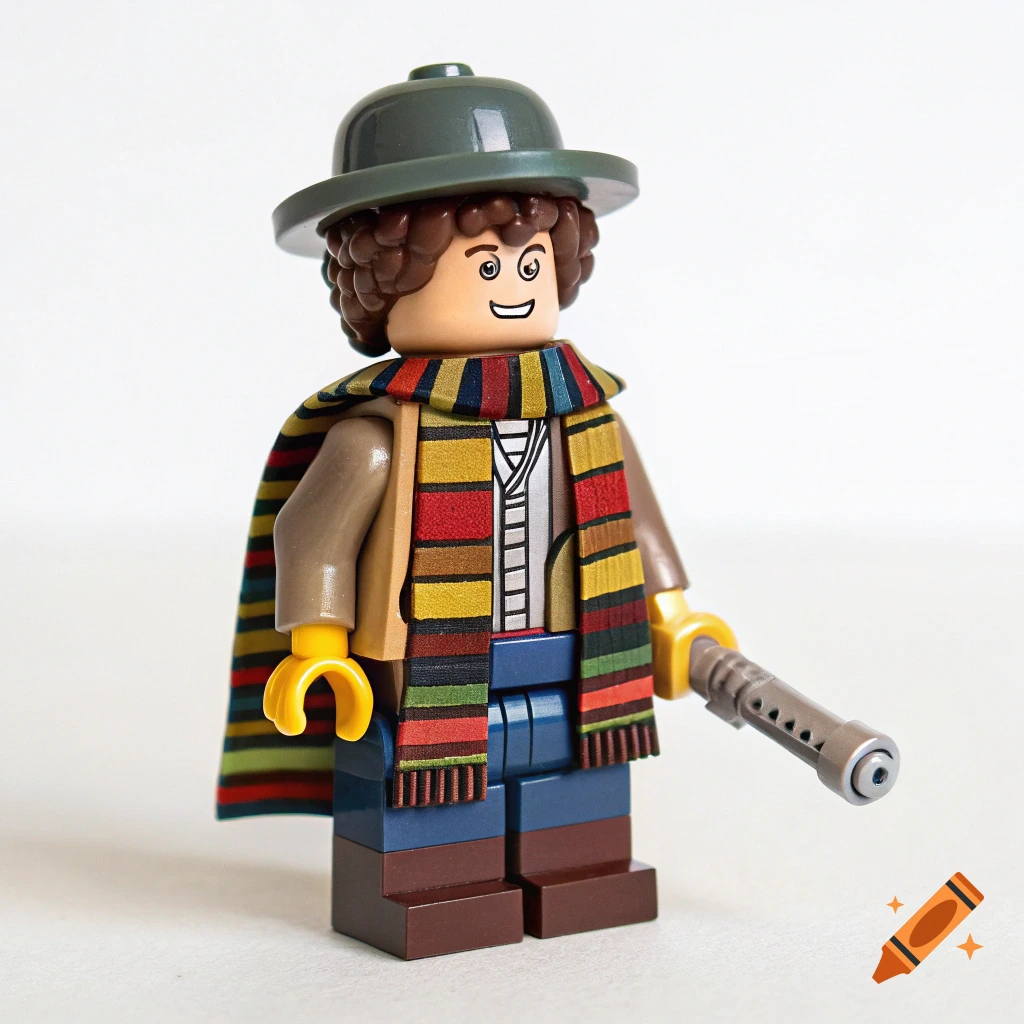 Lego minifigure of the 4th Doctor wearing a fedora and long striped scarf, holding a sonic screwdriver against a white background.