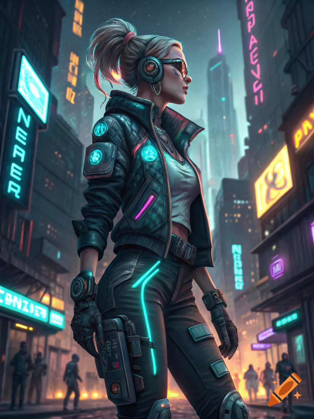 A female cyberpunk character stands in a futuristic city street at night, illuminated by neon signs.