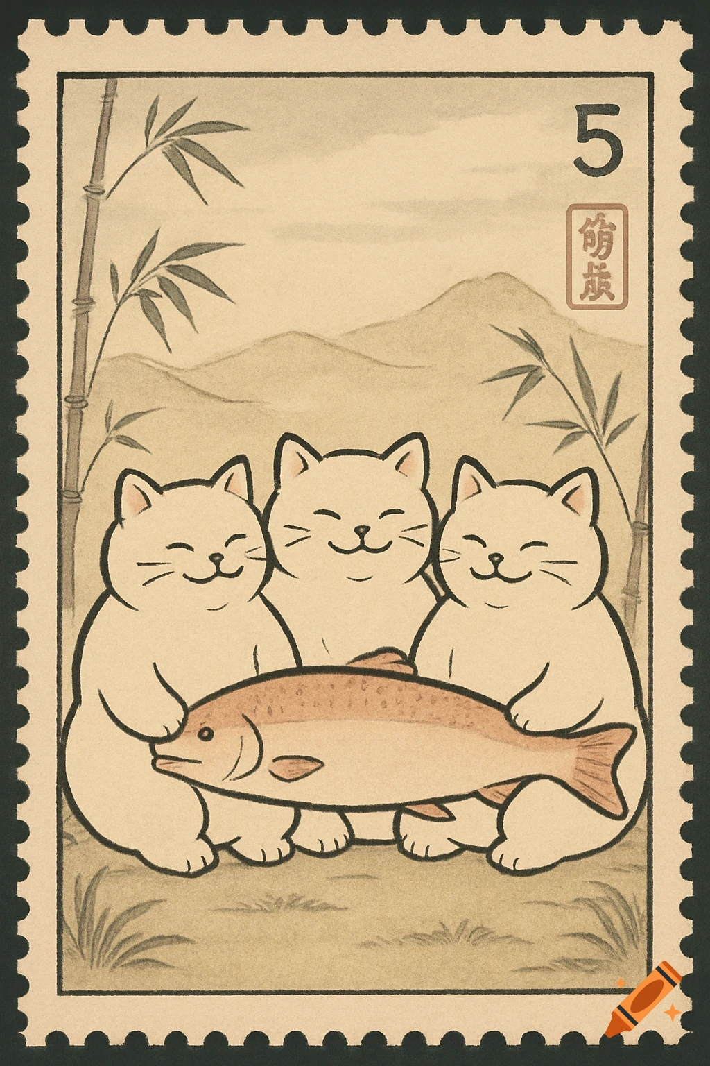 Three smiling, chubby white cats hold a large salmon on a Japanese Ukiyo-e style postage stamp with bamboo in the background.