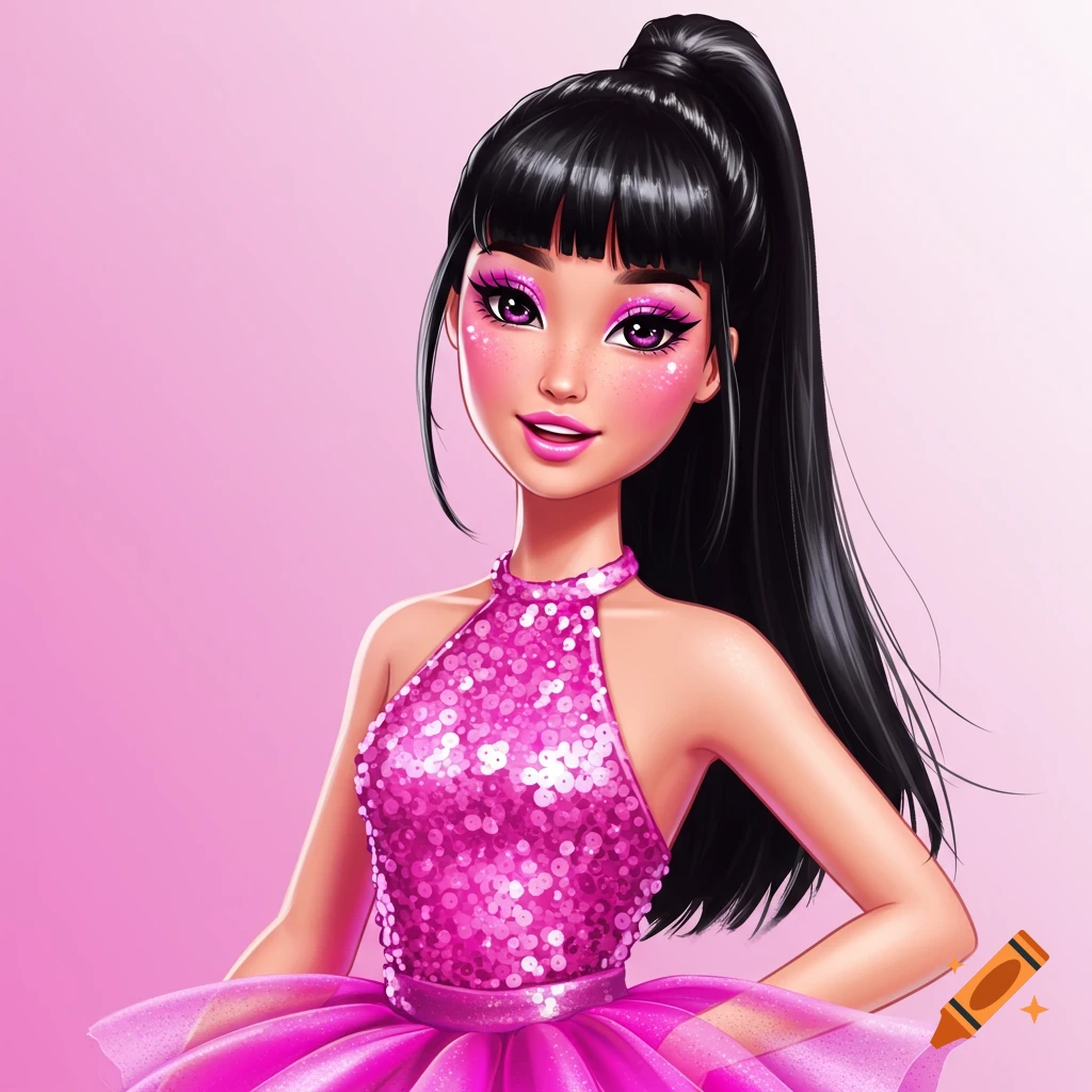 Close-up illustration of an Asian Barbie doll with black hair, pink makeup, and a sparkly pink dress against a pink background.