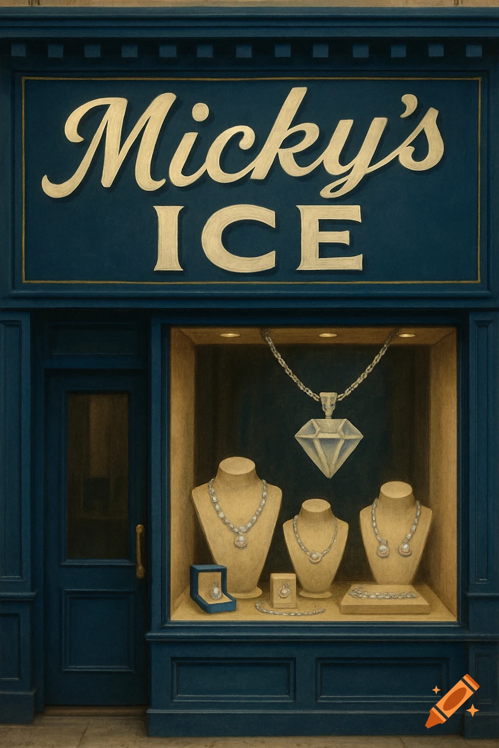 A blue jewelry store with a gold sign reading 'Micky's ICE' above a display window filled with necklaces, a large diamond pendant, and a ring.