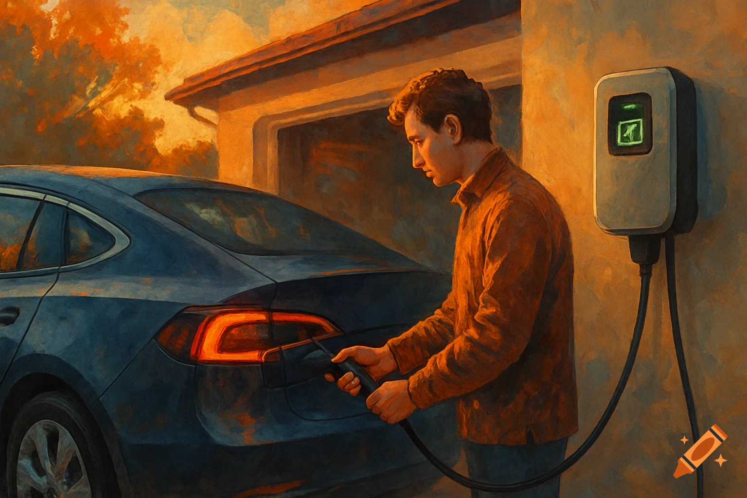A man charges an electric car outside a house at sunset, depicted in a painterly style.