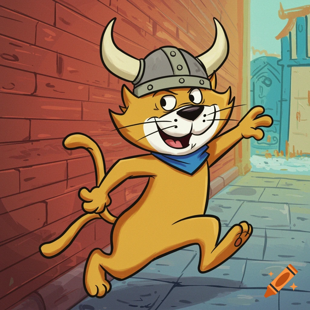 An orange cartoon cat resembling Top Cat, wearing a Viking helmet and a blue bandana, happily runs in an alleyway.