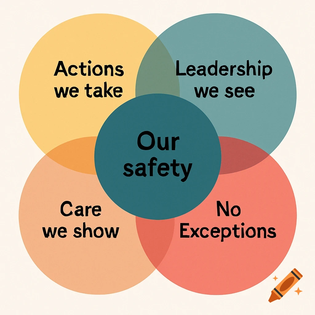 A multi-colored diagram showing "Our safety" in the center circle, surrounded by "Actions we take", "Leadership we see", "Care we show", and "No Exceptions".