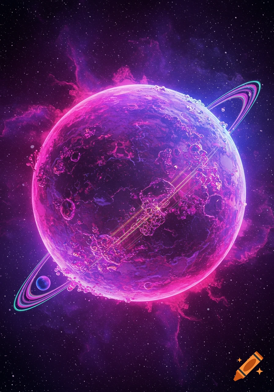 A vibrant purple and pink planet with bright rings, set against a backdrop of swirling nebulae and stars in deep space.