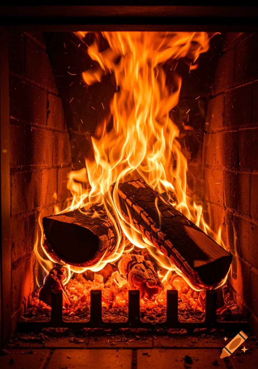 Photorealistic close-up of burning logs in a brick fireplace with bright orange flames.