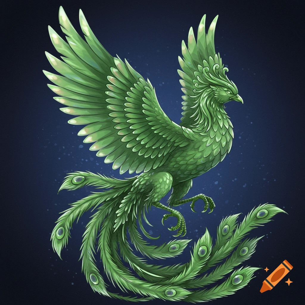 A majestic green phoenix with vibrant feathers and a peacock-like tail against a dark, speckled background.