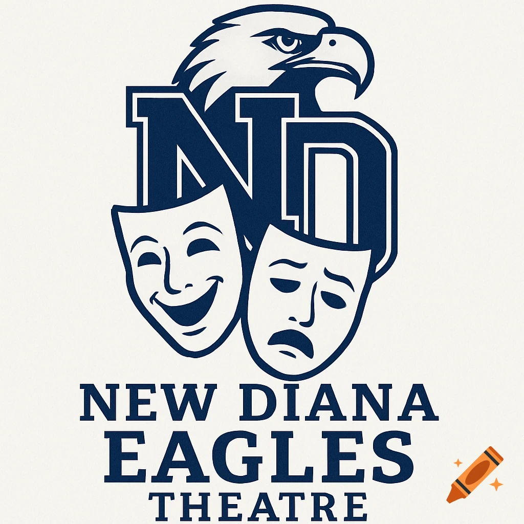A navy blue logo featuring an eagle head above the initials ND, with happy and sad theatre masks below, and text 'NEW DIANA EAGLES THEATRE'.