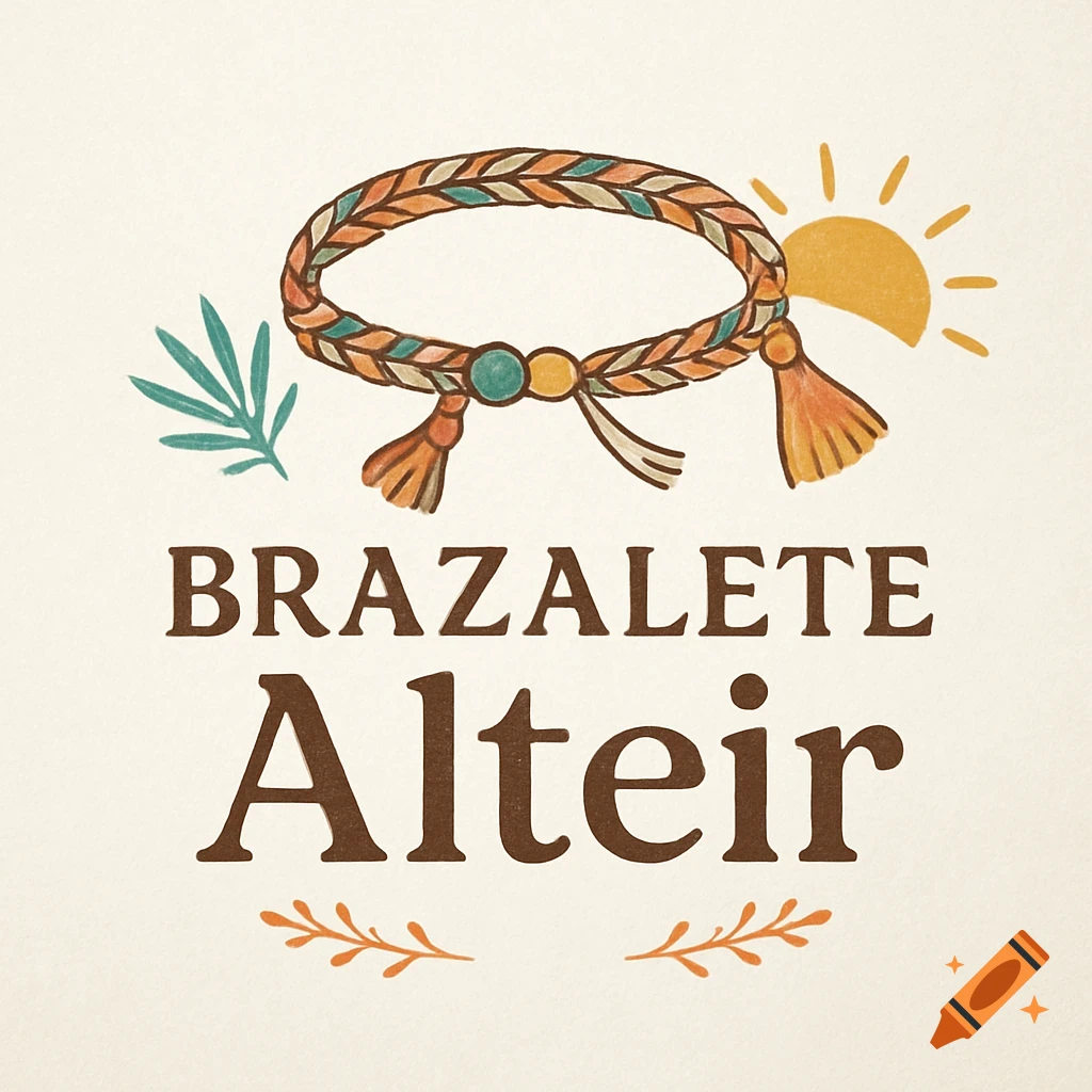 Logo for Brazalete Alteir with a braided bracelet, sun, and leaf in a boho illustration style.
