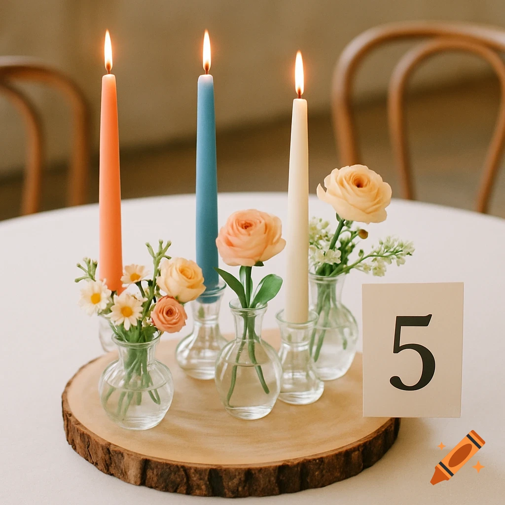 A close-up of a table centerpiece with three lit taper candles (peach, blue, cream), bud vases with flowers, a wooden slab, and a table number '5' card on a white tablecloth.