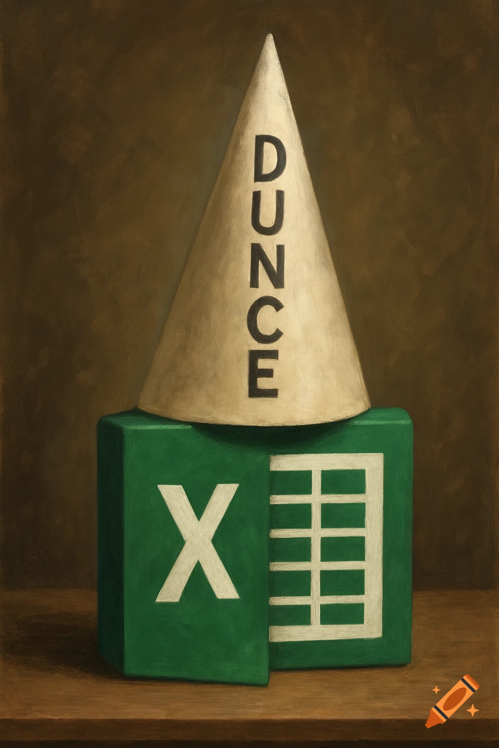 A still life painting of a beige dunce cap with the word 'DUNCE' on it, resting on a green cube with the Microsoft Excel logo.