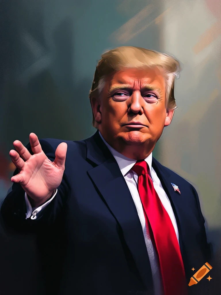 Painterly portrait of Donald Trump in a dark suit and red tie, raising his left hand.