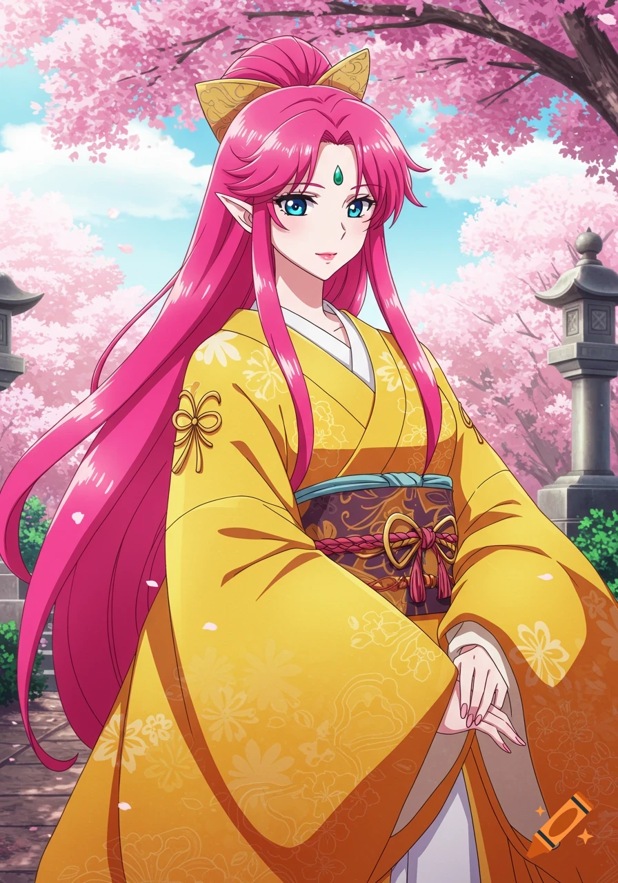 An anime woman with long pink hair and elf ears wears a yellow kimono ...