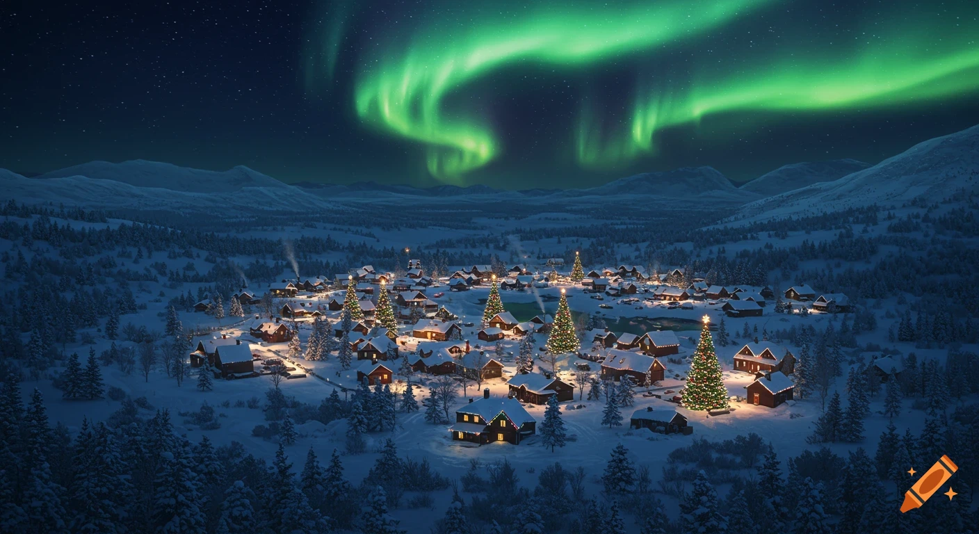A hyper-realistic aerial view of a snow-covered Christmas village at night under vibrant green aurora borealis.