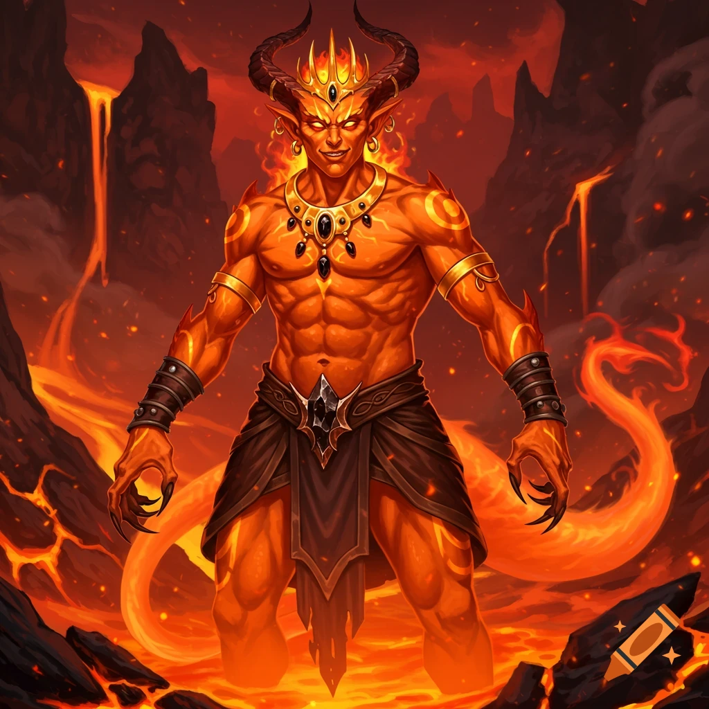 A muscular, horned efreeti with glowing orange skin and golden jewelry stands in a fiery, volcanic landscape.