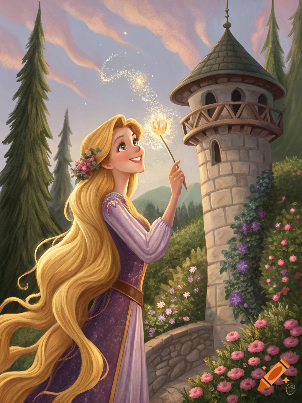 A smiling princess with long blonde hair in a purple dress holds a glowing magic flower, standing by a stone tower in a vibrant, blooming garden at sunset in a stylized illustration.