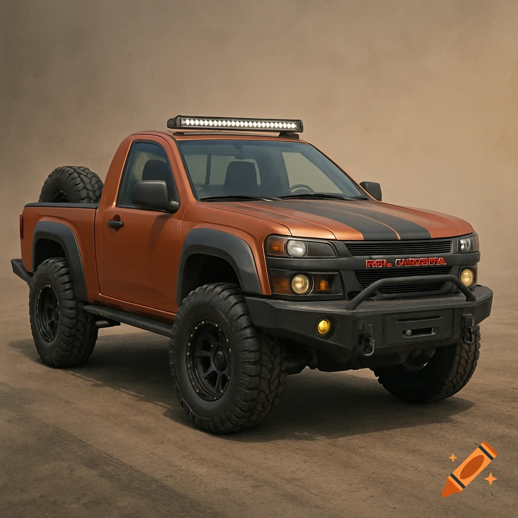 A photorealistic image of a customized bronze off-road truck with black racing stripes and a roof-mounted light bar.