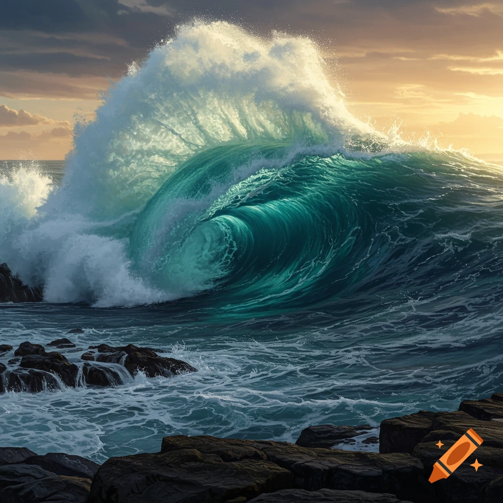A massive, powerful ocean wave crashes with a curling barrel near rocky shorelines under a dramatic sky with golden light.