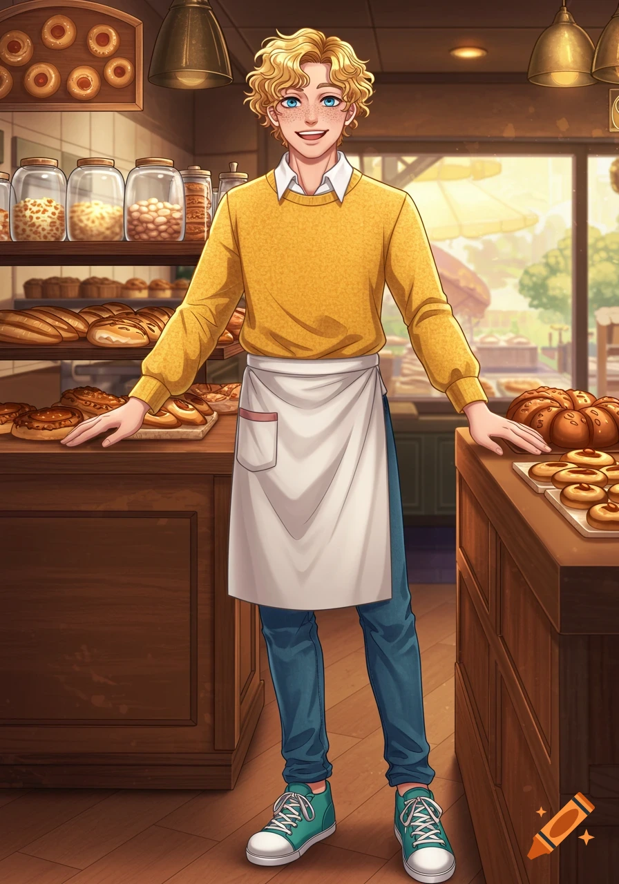 An anime-style young male baker with blonde hair and freckles smiles in a bustling bakery filled with pastries.