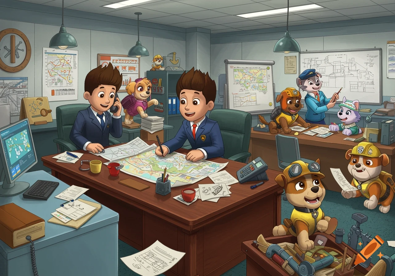 A busy office scene with Paw Patrol characters, including Ryder and several pups, working at desks with maps and computers.