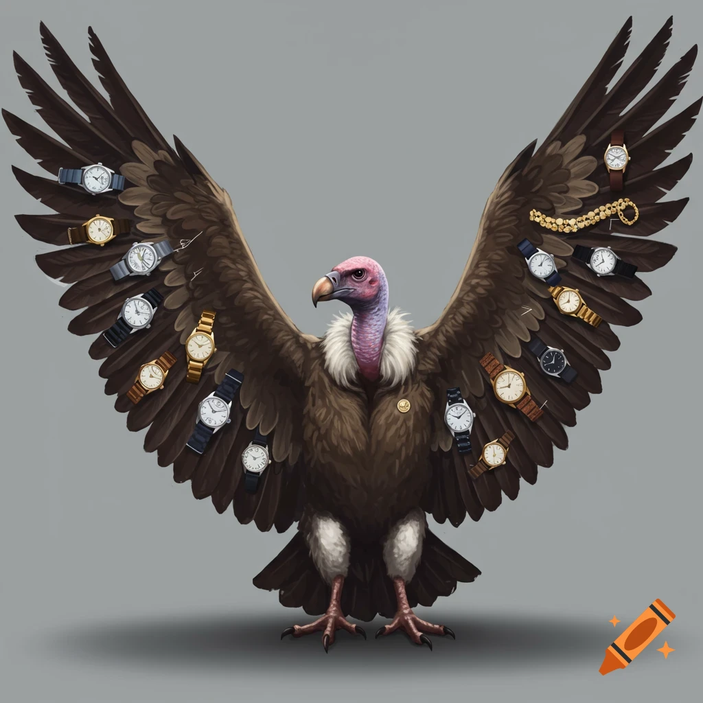 A detailed illustration of a vulture with wings spread, adorned with many watches and gold jewelry on its inner feathers against a grey background.