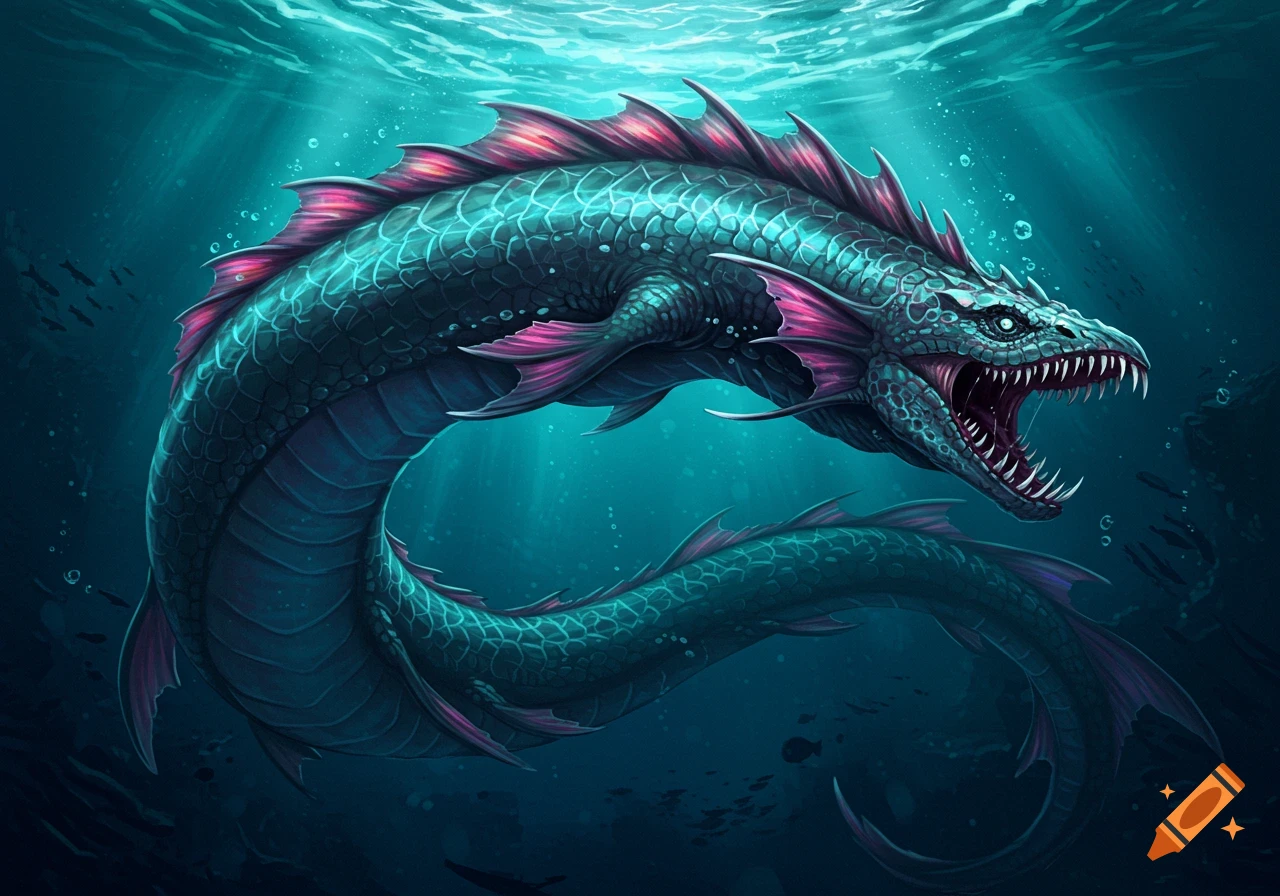 A vibrant illustration of a long, teal and pink sea creature with sharp teeth and glowing eyes, swimming in deep blue water.