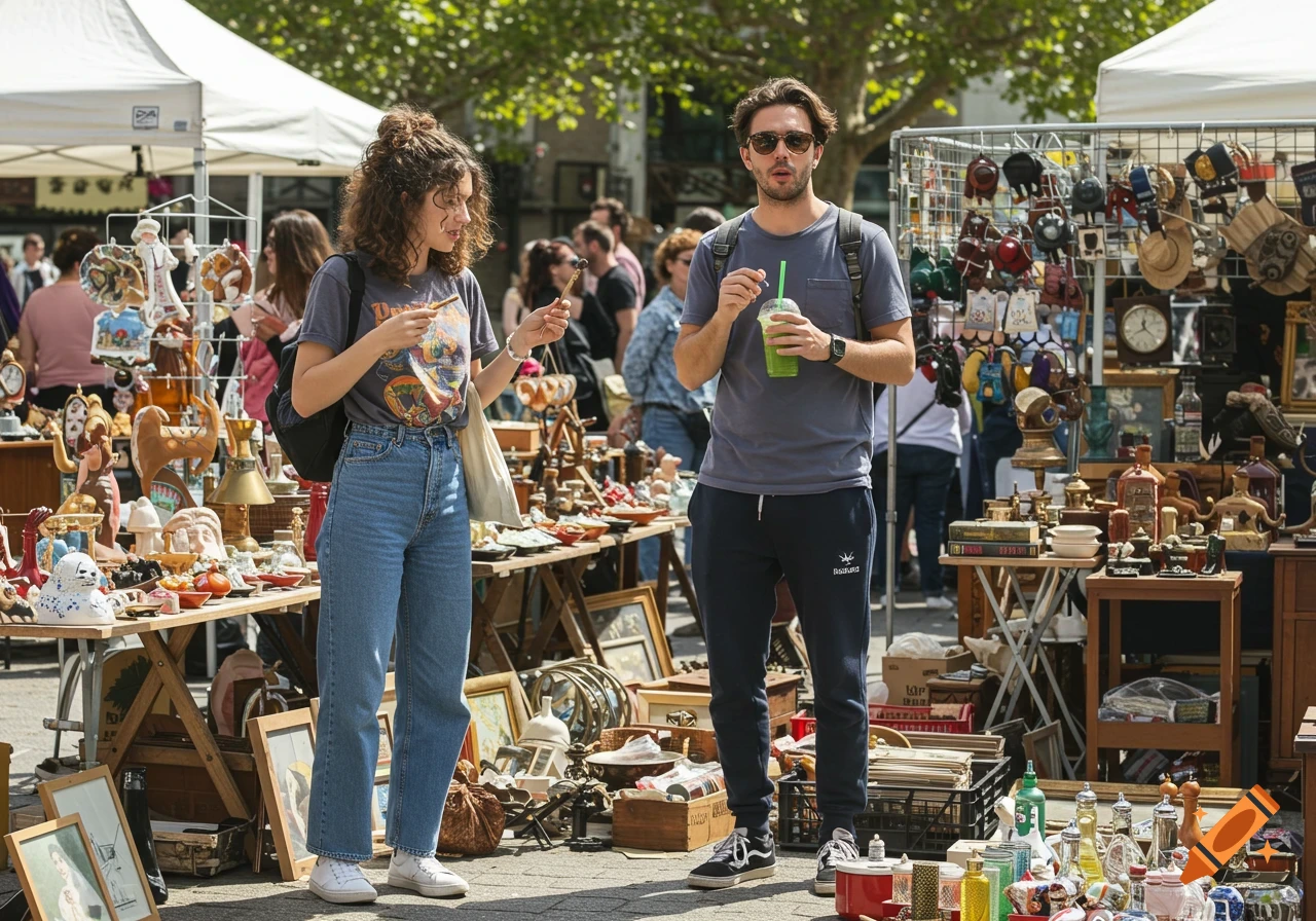A young couple shops at a busy outdoor flea market on a sunny afternoon, surrounded by antique stalls.