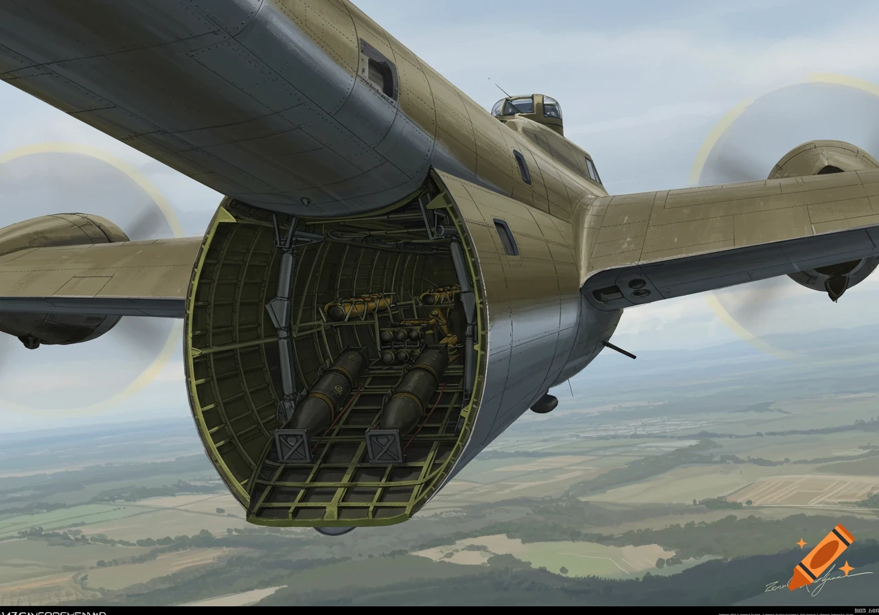 A detailed illustration of a B-17 bomber flying over green fields, seen from below with its bomb bay doors open revealing bombs inside.
