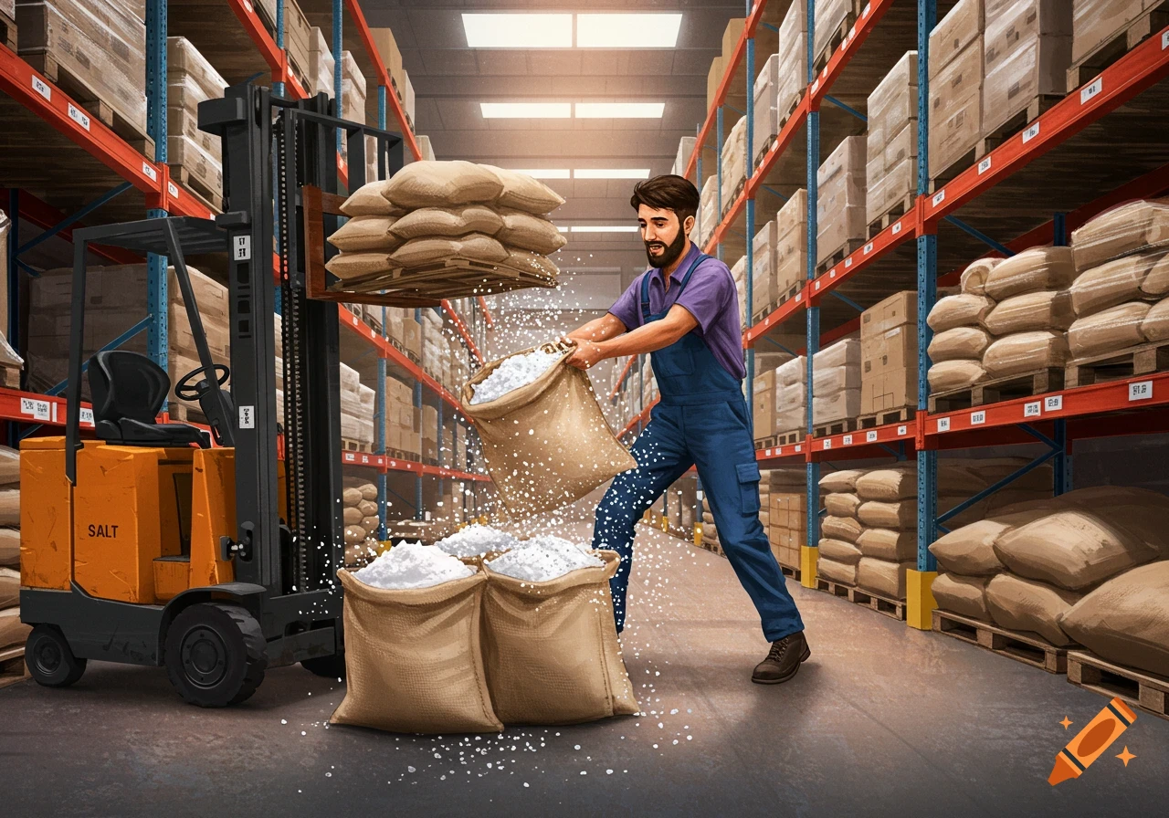 A man in overalls spills salt from a sack in a warehouse, with a forklift nearby and bags of salt on pallets.