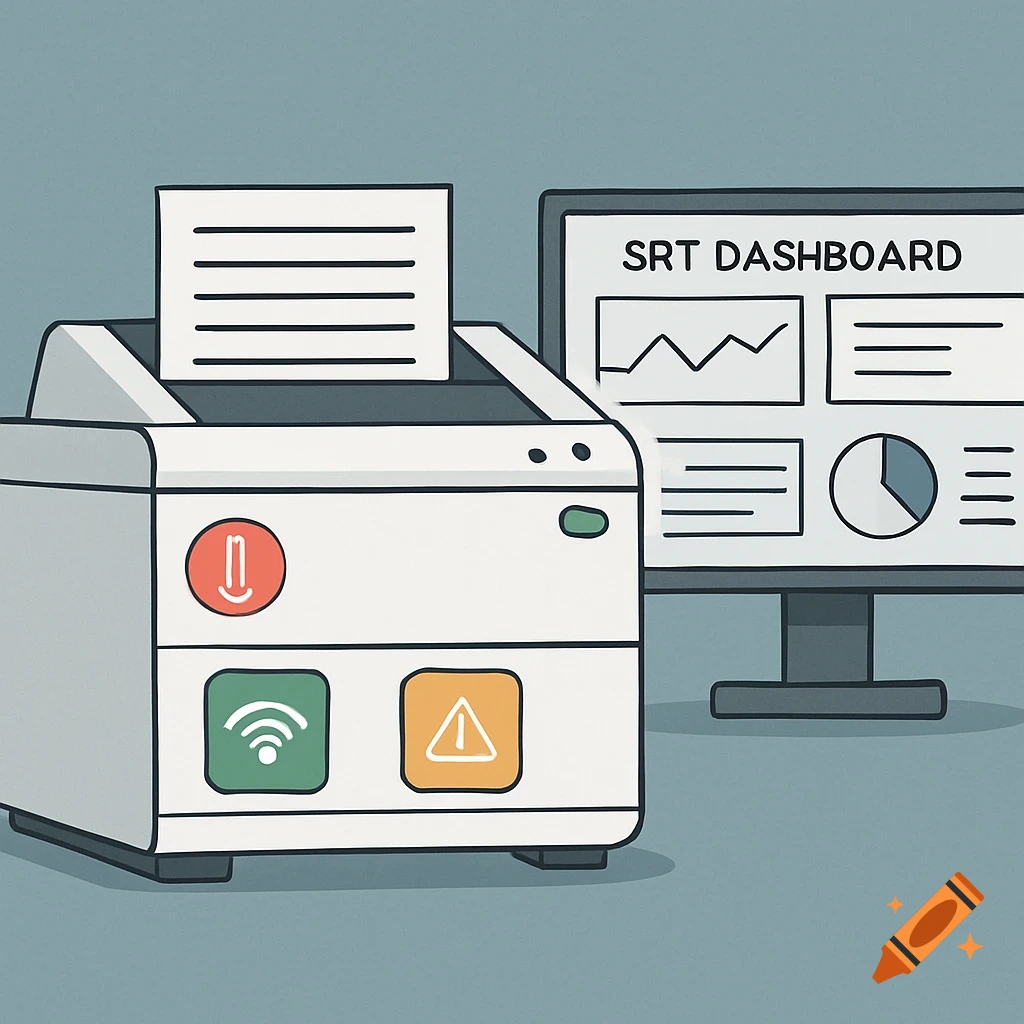 An illustration of a white printer with control buttons next to a monitor displaying an 'SRT DASHBOARD' with graphs.