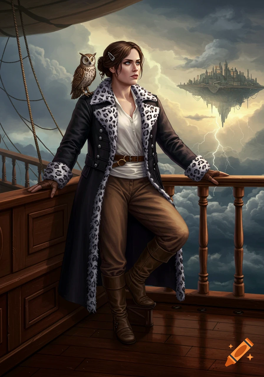 A woman in a long black coat with leopard fur trim and an owl on her shoulder stands on a dirigible deck, gazing at a distant floating city under a stormy sky.