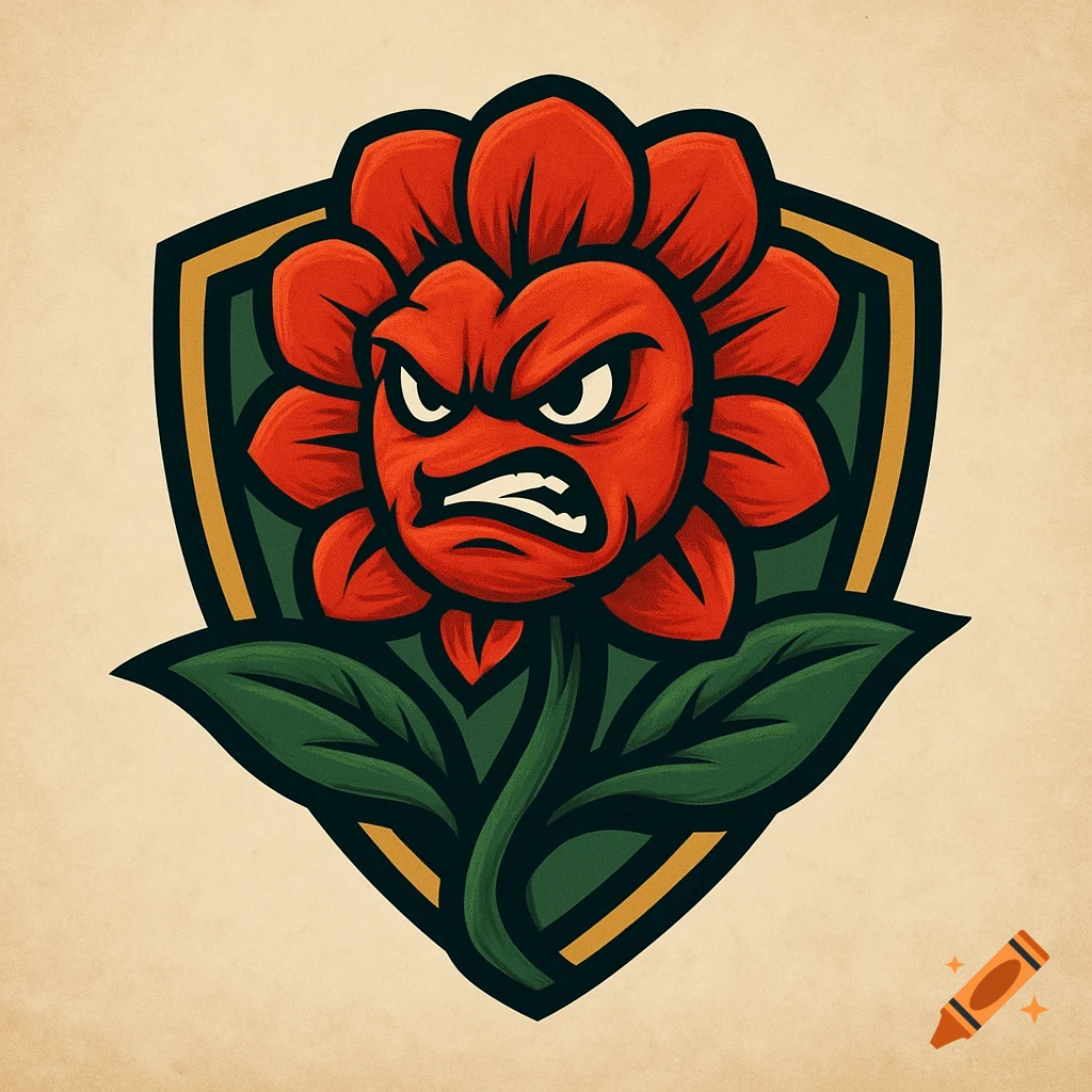 A cartoon sports logo featuring an angry red flower with green leaves and a dark shield background.