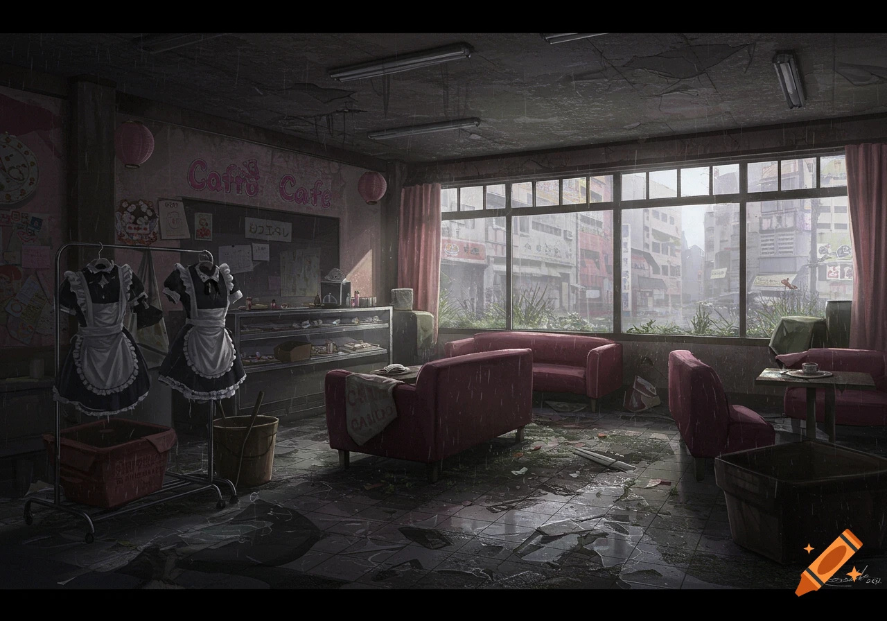 An abandoned maid cafe interior in a desolate Japanese city, with broken floors, dusty furniture, and two maid outfits on a rack.