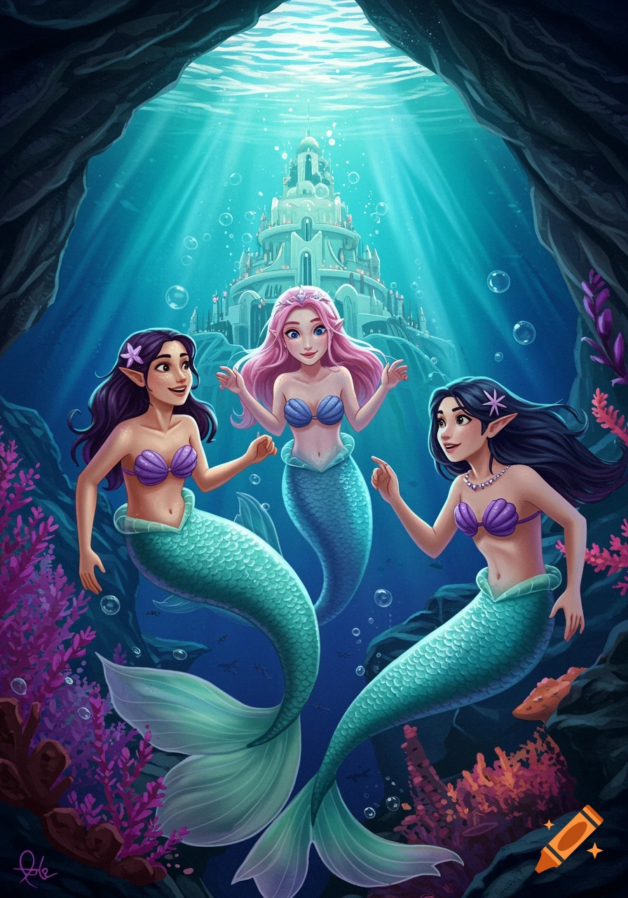 Three vibrant mermaids with shell tops and flowing tails swim in front of an intricate undersea castle, surrounded by colorful coral and beams of light in a fantasy illustration.