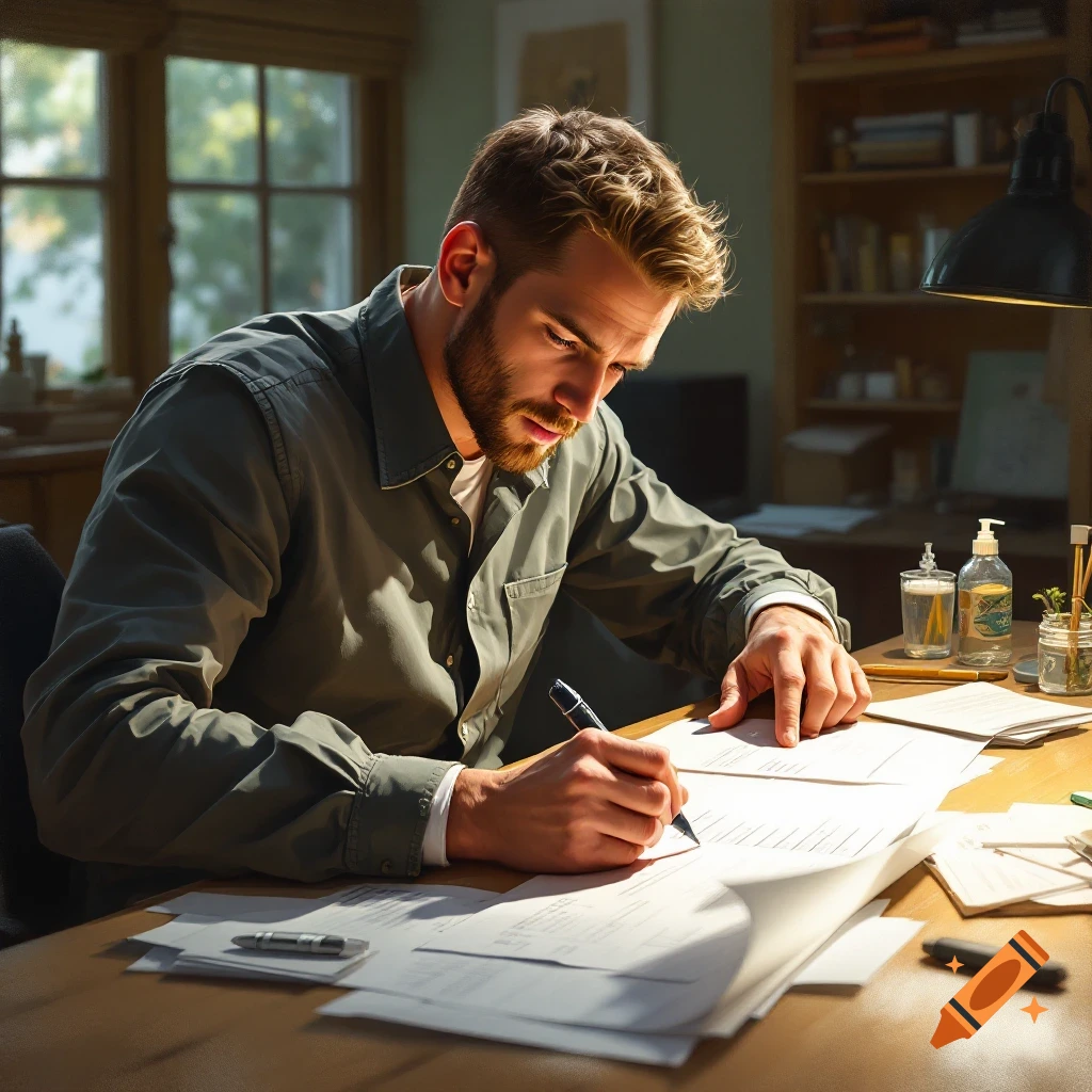 A man with a beard and light brown hair sits at a wooden desk, writing on papers with a pen. Sunlight streams in from a window behind him.