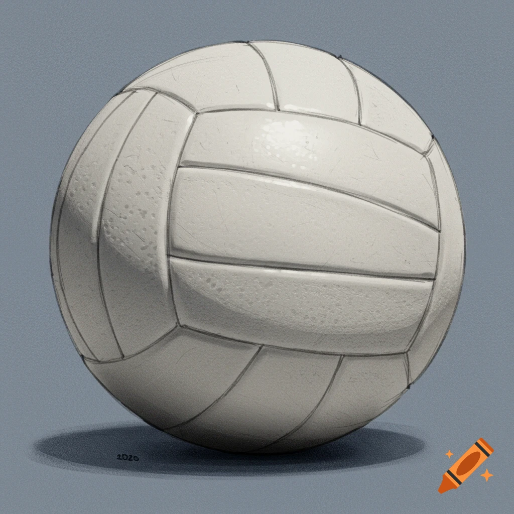 A realistic pencil sketch of a white volleyball casting a shadow on a gray background.